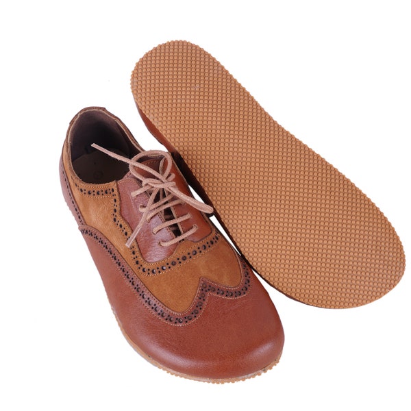 MeN Barefoot OXFORD, Moccasin Shoes Businessman BROWN Leather Handmade Zero Drop, Dress Formal Oxfords Lace Up  RuBBER OUTSOLE