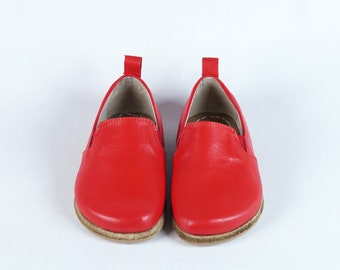 Kids Red Leather Barefoot Shoes: Handmade Slip-On Yemeni Style