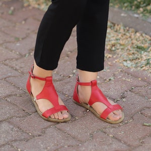 WOMEN Wider Barefoot Buckle SandaL RED SMOOTH Leather Handmade, Grounding, Zero Drop, Natural, Colorful