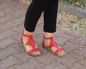 WOMEN Wider Barefoot Buckle SandaL RED SMOOTH Leather Handmade, Grounding, Zero Drop, Natural, Colorful