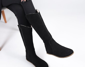 Women Flat KNEE Boots Barefoot Zero Drop BLACK NUBUCK Leather Handmade Shoes, 5mm Leather Outsole