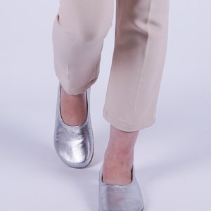 Flat Ballet Barefoot Zero Drop SILVER BRIGHT Leather Ballerinas, Leather Handmade Shoes, Slip-On 5mm Rubber or Leather Outsole