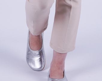 Women SILVER Leather Barefoot Ballerinas: Handmade Zero Drop Shoes, Classic Comfort & Style, 6mm Rubber Outsole