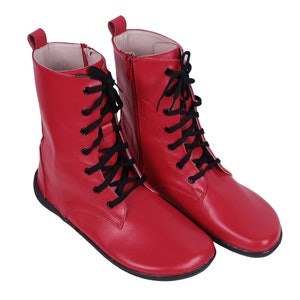 Handmade Red Leather Barefoot Boots: Zero Drop, Flexible Sole