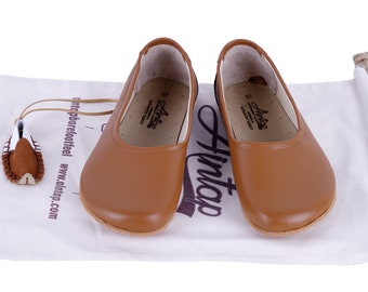 Balletto piatto a piedi nudi Zero Drop Ballerine in pelle TAN SMOOTH, scarpe fatte a mano in pelle, suola slip-on in gomma o cuoio da 5 mm