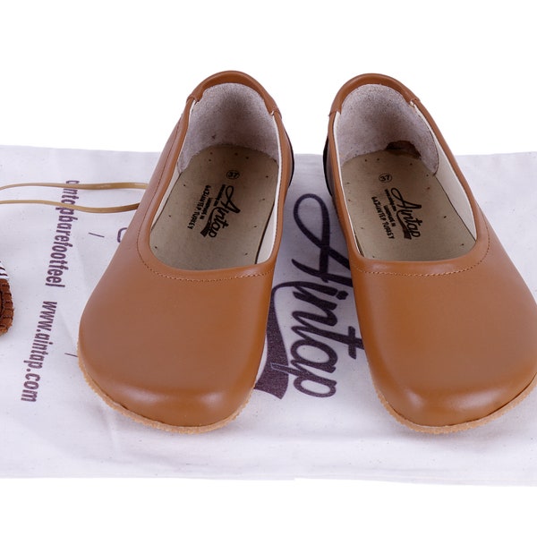 Flat Ballet Barefoot Zero Drop TAN SMOOTH Leather Ballerinas, Leather Handmade Shoes, Slip-On 5mm Rubber or Leather Outsole