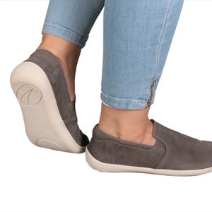 Women SLIP-ON GRAY Nubuck Leather, Handmade Barefoot, Grounding, Zero Drop, Flexible Soft Rubber Sole, Stylish, Natural, Colorful