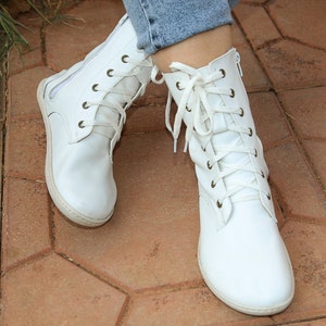 Dames BOOT WIT Glad leer, handgemaakt op blote voeten, aarding, Zero Drop, flexibele zachte rubberen zool, stijlvol, natuurlijk, kleurrijk