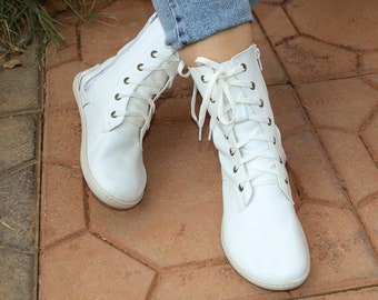 Handmade White Leather Barefoot Boots: Zero Drop, Flexible Sole
