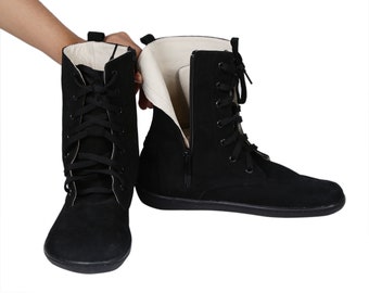 Handmade Black Nubuck Leather Barefoot Boots: Zero Drop Rubber Sole