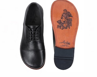 Men's Barefoot BLACK CRAZY Leather Oxford Shoes, Classic Comfort & Style: Handmade, Moccasins