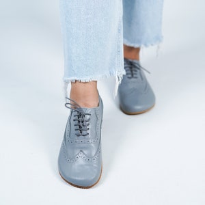 Mujer Descalzo OXFORD, Zapatos Mocasines para Mujer de Negocios Cuero GRIS LISO Hecho a mano Zero Drop, Suela de Goma de 5mm