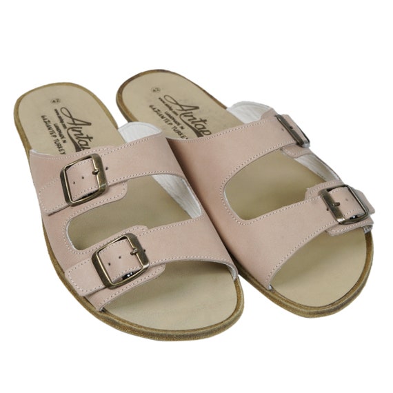 Women Double Strap & ,buckle Barefoot Sandals UNDYED Leather
