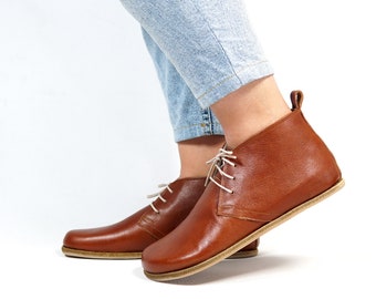 Handmade Brown Leather Ankle Booties: Women's Barefoot Zero Drop Boots