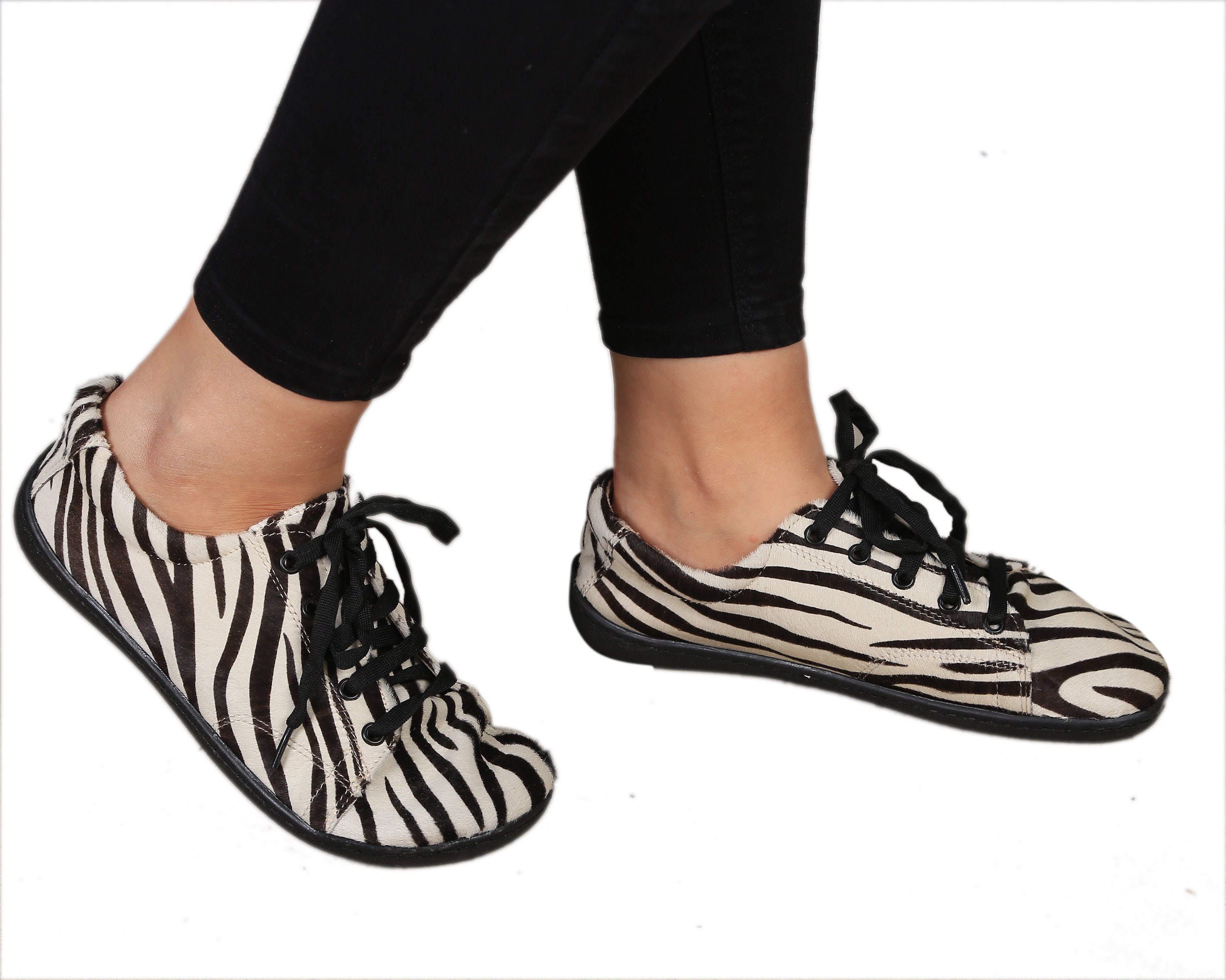 Women SLIP-ON ZEBRA Calf Hair Leather, Handmade Barefoot, Grounding, Zero Drop, Flexible Soft Rubber Sole, Stylish, Natural, Colorful