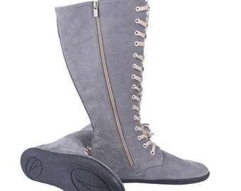 Handcrafted Gray Nubuck Leather Barefoot Knee Boots: Wide Toe