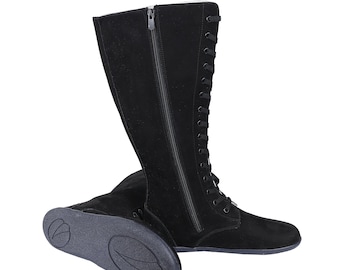 Handcrafted Black Nubuck Leather Barefoot Boots: Wide Toe, Zero Drop
