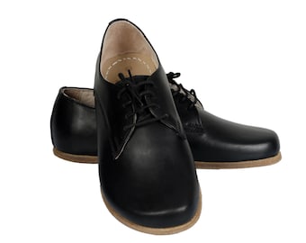 Scarpe Oxford larghe a piedi nudi da DONNA Pelle NERA Fatte a mano, naturali, colorate, slip-on, cuciture classiche