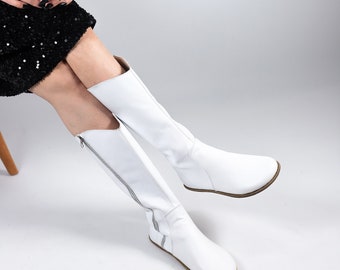 Women Flat KNEE Boots Barefoot Zero Drop WHITE SMOOTH Leather Handmade Shoes, 5mm Leather Outsole