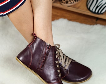 Damen KURZ Stiefel Reißverschluss & Schnürsenkel Zero Drop, Barfuß BURGUNDY Glattleder, Bunt, Leder Innensohle, 6mm Leder Laufsohle