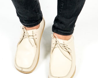 Men LOAFER CREAM Smooth Leather, Handmade Barefoot, Grounding, Zero Drop, Leather Insole &  Soft Eva Base and Rubber Sole