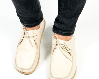 Men's Cream Leather Loafers: Handmade Barefoot Shoes