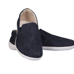 Men&#39;s Navy Nubuck Leather Barefoot Slip-On Shoes