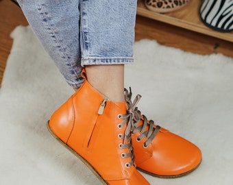 Women Handmade SHORT Zipper & Laces Boots Zero Drop, Barefoot ORANGE Smooth Leather, Natural, Colorful, Leather Insole, 6mm Leather Outsole