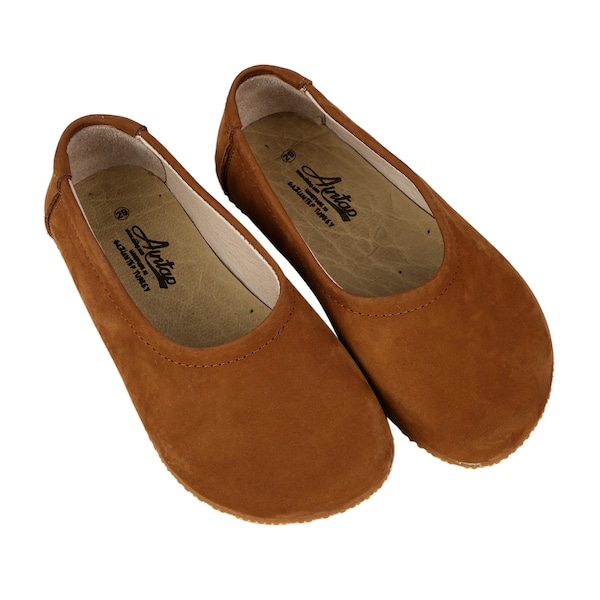 KiDS Wider Barefoot FLAT BaLLET TAN Nubuck Leather Handmade Yemeni Shoes, Natural, Colorful Boy Shoes, Girl Shoes