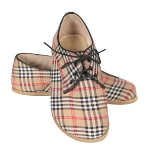 WOMEN Barefoot OXFORD Tartan Plaid Fabric & Leather Handmade Classic Yemeni Shoes, Natural, Colorful, Slip-On