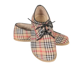 WOMEN Barefoot OXFORD Tartan Plaid Fabric & Leather Handmade Classic Yemeni Shoes, Natural, Colorful, Slip-On