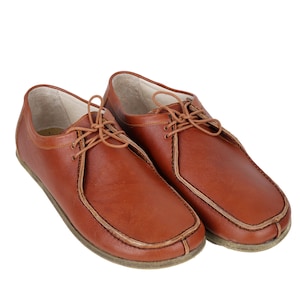 May include: A pair of brown leather lace-up shoes with a contrasting stitch detail around the toe and heel.