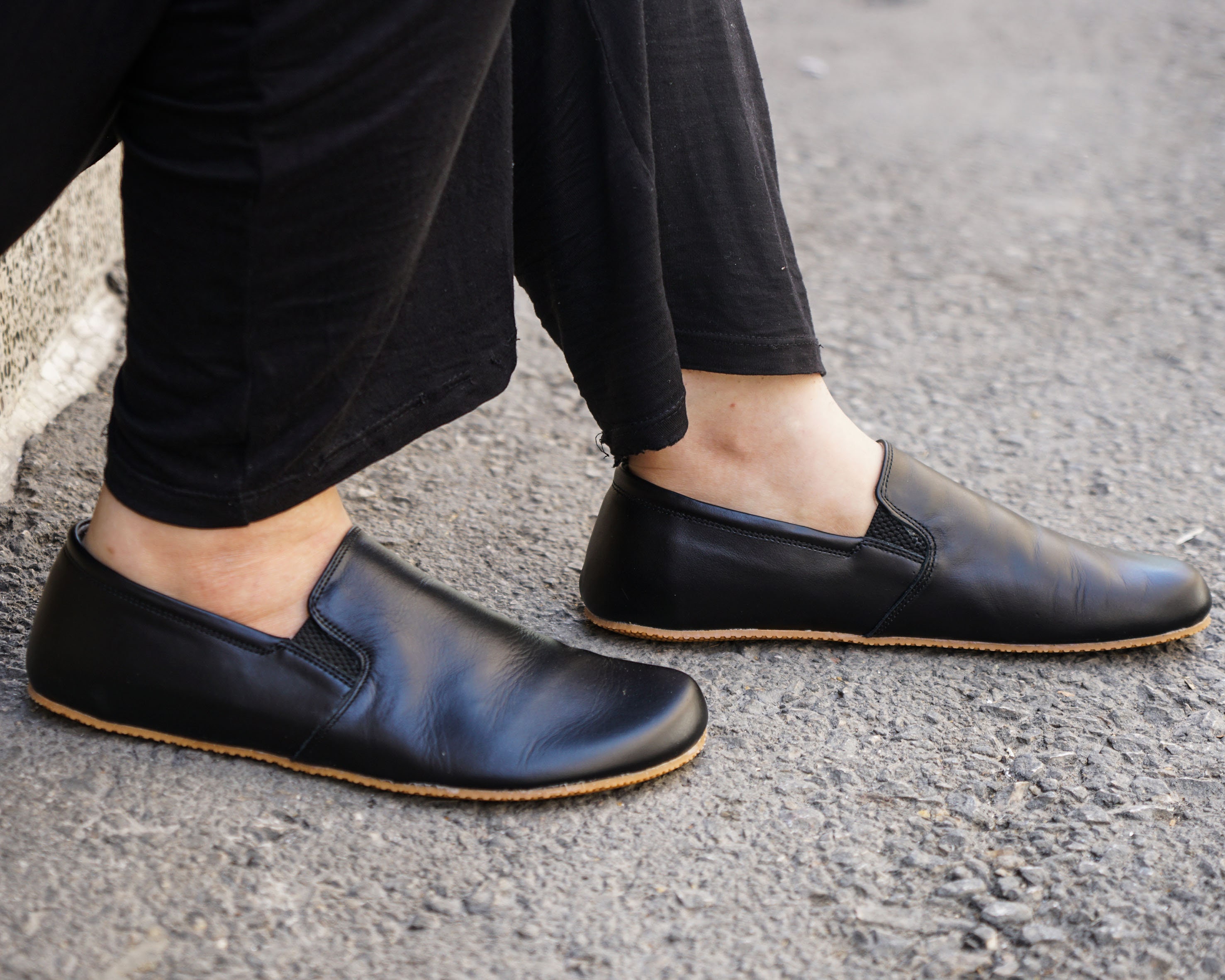 Mens Black Leather Barefoot Slip-on Shoes: Zero Drop, 5mm 