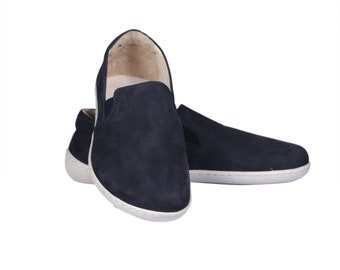 Mujer SLIP-ON NAVY cuero nobuck azul, hecho a mano descalzo, conexión a tierra, caída cero, suela de goma suave flexible, elegante, natural, colorido