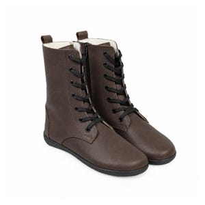 Women’s Barefoot Laces Boots DARK BROWN SMOOTH Leather Shoes, Comfort: Handmade, Flexible Rubber Outsole