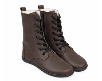 Women’s Barefoot Laces Boots DARK BROWN SMOOTH Leather Shoes, Comfort: Handmade, Flexible Rubber Outsole