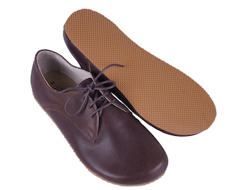 MEN Zero Drop Oxford Barefoot DARK BrOWN SMOOTH Leather Handmade Shoes, Natural, Colorful, Slip-On 5mm RuBBER OuTSOLE