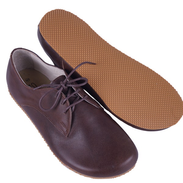 MEN Zero Drop Oxford Barefoot DARK BrOWN SMOOTH Leather Handmade Shoes, Natural, Colorful, Slip-On 5mm RuBBER OuTSOLE