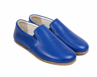 Men Barefoot  Slip On, BRIGHT BLUE SMOOTH Leather, Handmade Yemeni Shoes, Natural, Leather Outsole