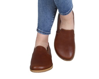 Women WIDE Zero Drop Barefoot BROWN Sooth Leather Handmade, Natural, Colorful, Leather Insole and Eva Outsole Shoes