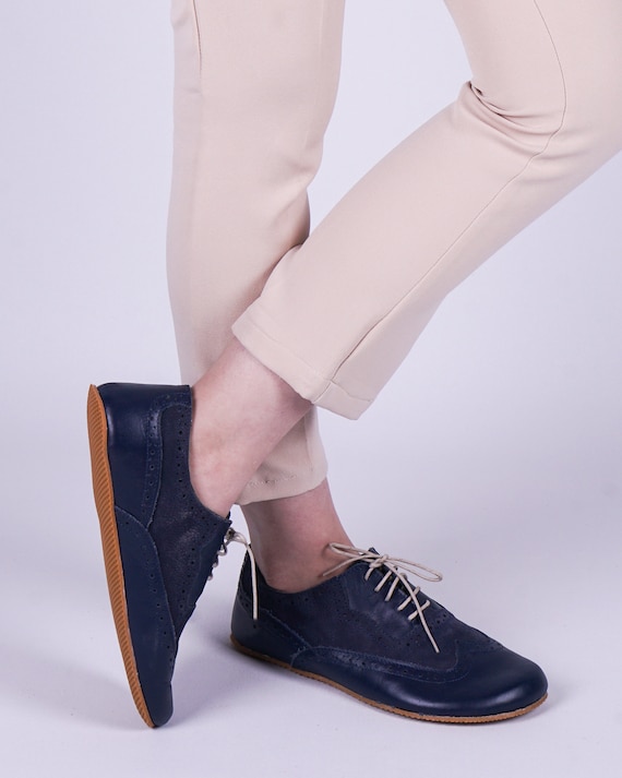 Women's Barefoot Leather Oxford Shoes: Handmade Navy Blue Business Casual