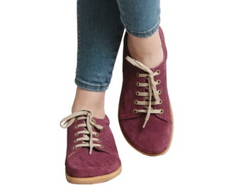 WOMEN Zero Drop SNEAKER Barefoot CLARET Red Nubuck Leather Handmade Shoes, Natural, Colorful, Slip-On