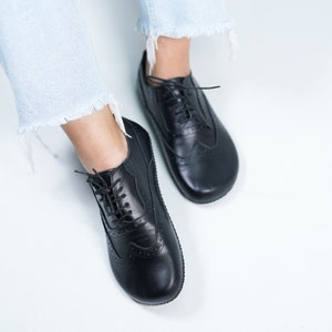 Handmade Black Leather Oxford Shoes: Women's Barefoot Moccasins