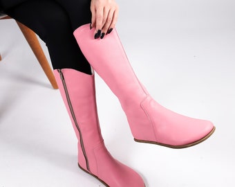 Women Flat KNEE Boots Barefoot Zero Drop PINK SMOOTH Leather Handmade Shoes, 5mm Leather Outsole