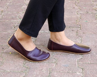 Flat Ballet Barefoot Zero Drop BURGUNDY SMOOTH Leather Ballerinas, Leather Handmade Shoes, Slip-On 5mm Rubber Outsole