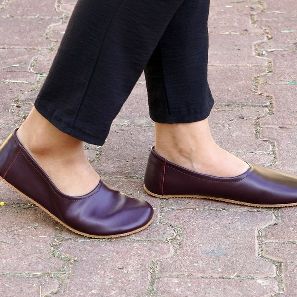 Flat Ballet Barefoot Zero Drop BURGUNDY SMOOTH Leather Ballerinas, Leather Handmade Shoes, Slip-On 5mm Rubber Outsole
