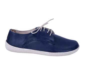 Mens Navy Leather Oxford Shoes: Handmade Zero Drop Barefoot Sneakers