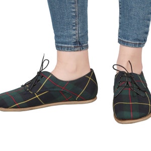 WOMEN Barefoot OXFORD Tartan Plaid Fabric & Leather Handmade Classic Yemeni Shoes, Natural, Colorful, Slip-On