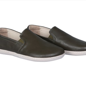 Women SLIP-ON OLIVE GrEEN Smooth Leather, Handmade Barefoot, Grounding, Zero Drop, Flexible Soft Rubber Sole, Stylish, Natural, Colorful