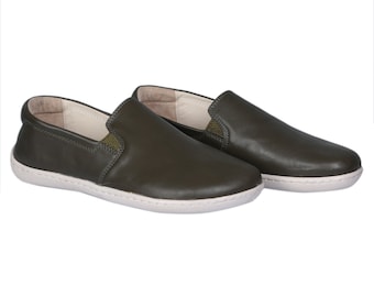 Women SLIP-ON OLIVE GrEEN Smooth Leather, Handmade Barefoot, Grounding, Zero Drop, Flexible Soft Rubber Sole, Stylish, Natural, Colorful